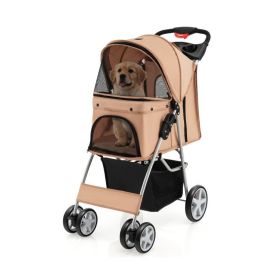 Folding Dog Stroller W/  Storage Basket & Adjustable Canopy