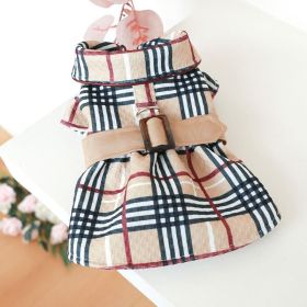 Plaid Winter Dog Dress W/ Belt (Color: Dark Khaki, Size: S)