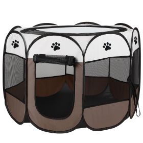 Foldable Exercise Playpen Removable Waterproof Zipper Top & Bottom (Color: Coffee)