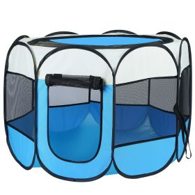 Foldable Exercise Playpen Removable Waterproof Zipper Top & Bottom (Color: Blue)