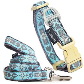 'Shape Patterned' Tough Stitched Embroidered Collar & Leash (Color: Blue, Size: Small)