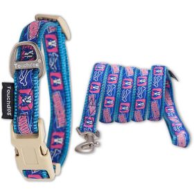 'Bone Patterned' Tough Stitched Embroidered Collar & Leash (Color: Blue, Size: Medium)