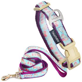 'Avery Patterned' Tough Stitched Embroidered Collar & Leash (Color: light blue, Size: Medium)