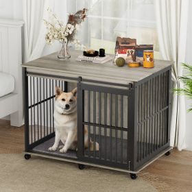 Furniture dog crate sliding iron door dog crate with mat. (Color: Grey)