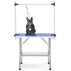 Dog Grooming Table Adjustable Portable w/Arm & Noose & Mesh Tray (Color: Blue)