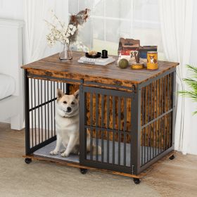 Furniture dog crate sliding iron door dog crate with mat. (Color: Rustic Brown)