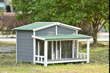 47.2 ' Large Wooden Dog House Outdoor & Indoor-Cabin Style;W/ Porch;  2 Doors (Color: gray)